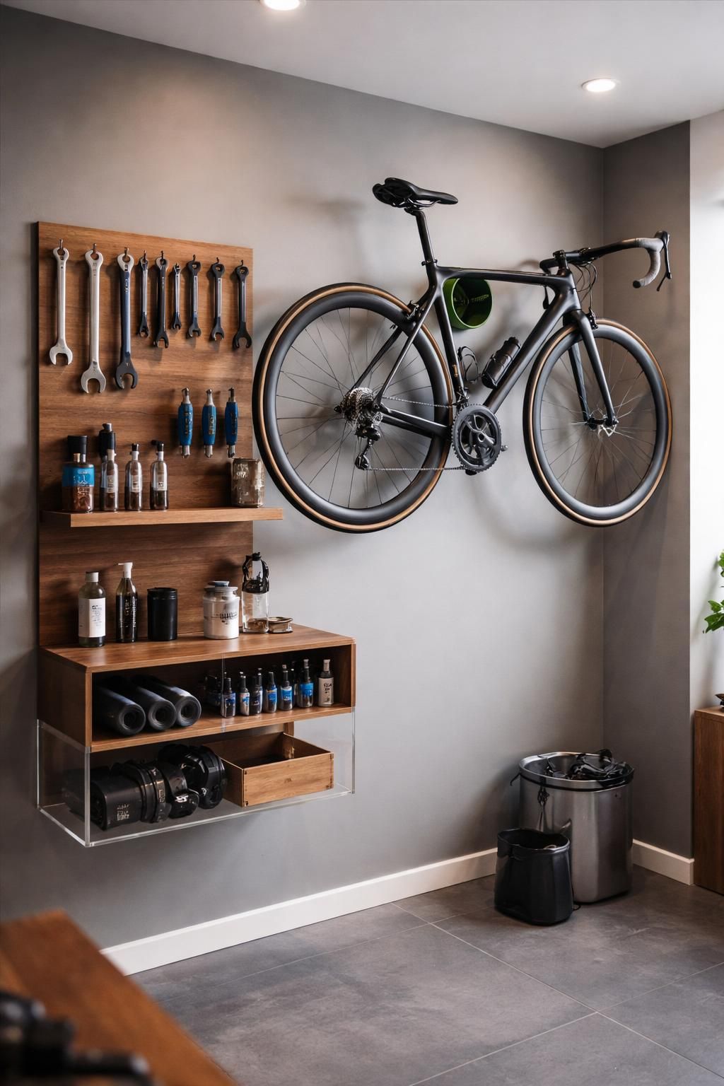 aménagez un coin vélo fonctionnel chez vous avec les porte-vélos cycloc, les outils park tool et un rangement mural design pour un espace organisé et esthétique.