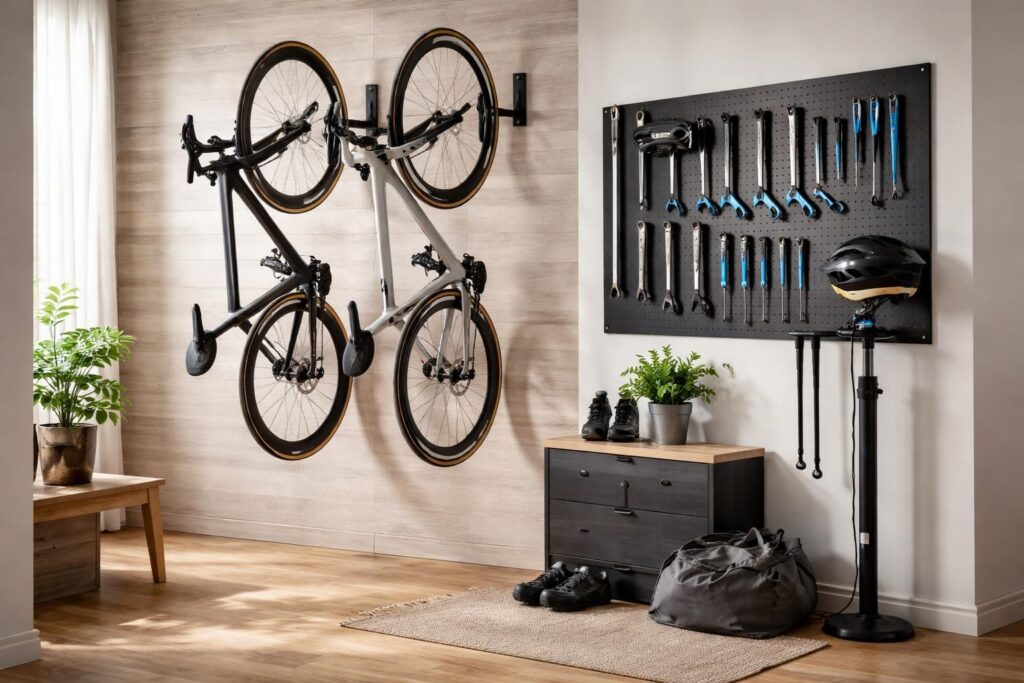 aménagez un espace vélo pratique et élégant à la maison avec les porte-vélos cycloc, les outils park tool indispensables et un rangement mural design pour organiser votre matériel avec style.
