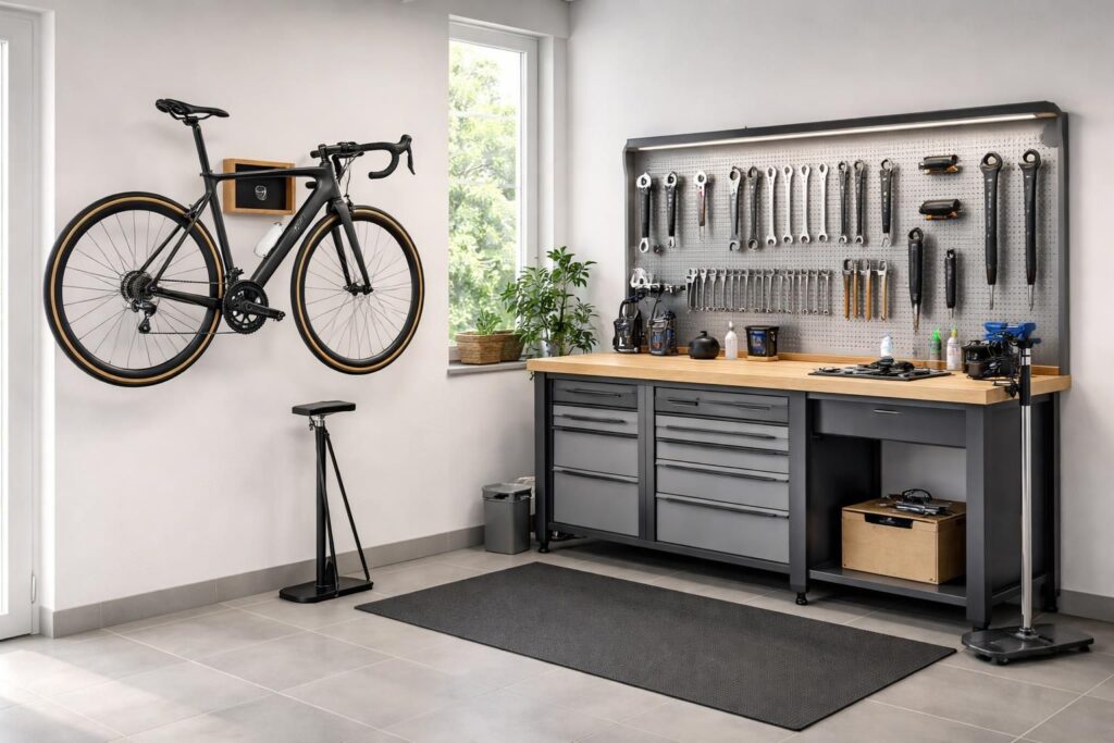 découvrez comment installer un atelier vélo dans votre garage avec un support mural cycloc et un établi de réparation professionnel pour entretenir et réparer votre vélo efficacement.